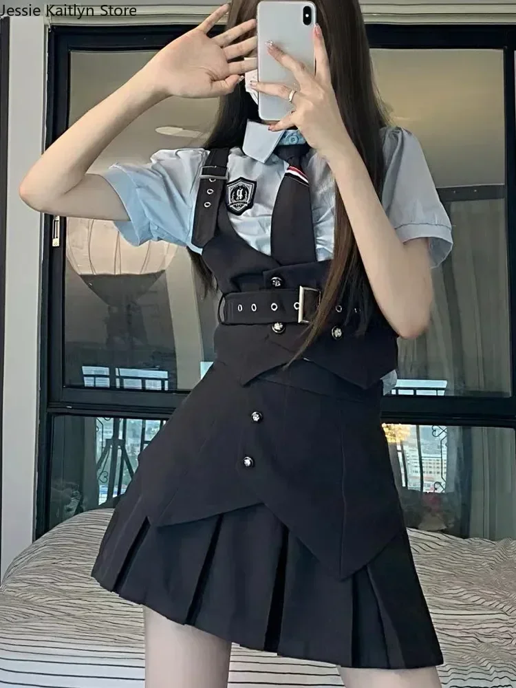 Conjunto de camisa de torcida feminina e feminina, uniforme escolar coreano, colete plissado, moda japonesa, fofo e outono, mini conjunto, Kawaii, 2023