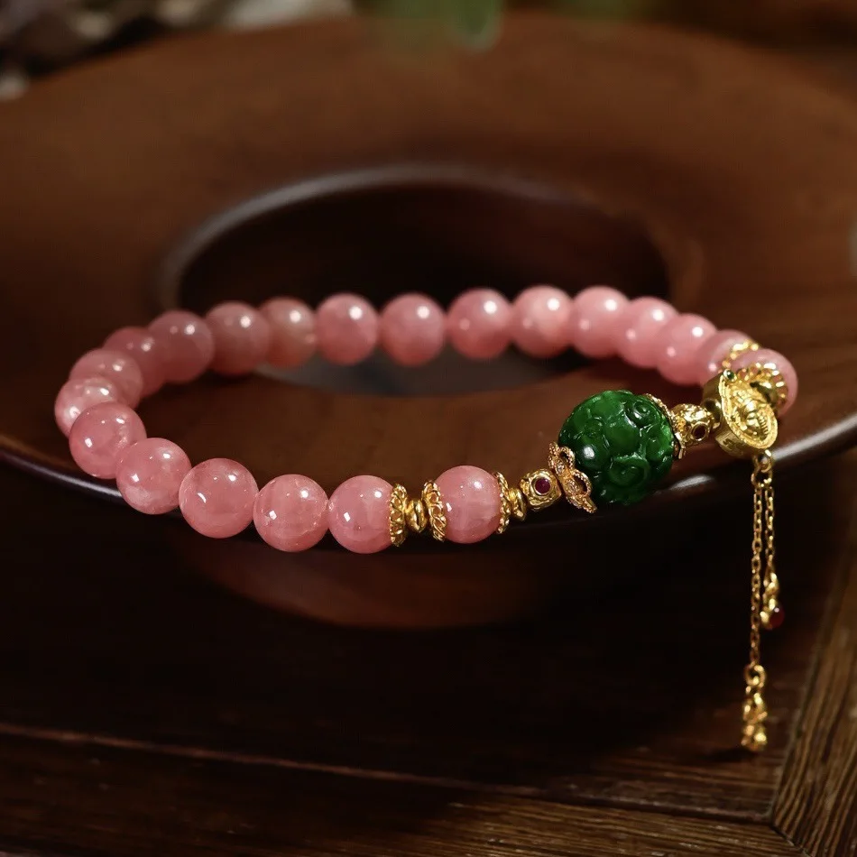 Natural Rhodochrosite Bracelet, A-Grade Dry Green Carved Jade Hydrangea, 925 Gold Plated Ganesha Fringe, Gemstone Jewelry Gift