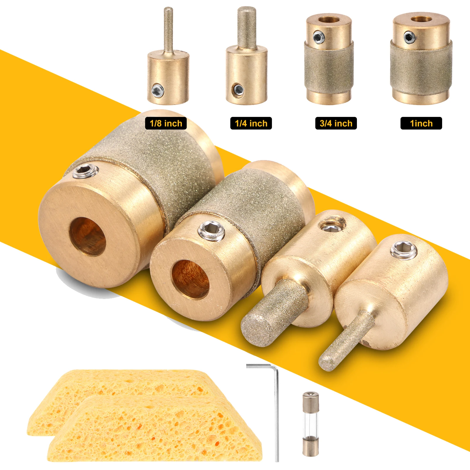 

Glass Grinder Bits Head Tools Diamond Drill Set 4 Sizes 1 Inch, 3/4 Inch, 1/4inch 1/8 Inch Brass Core Stained Glass Grinder Bits