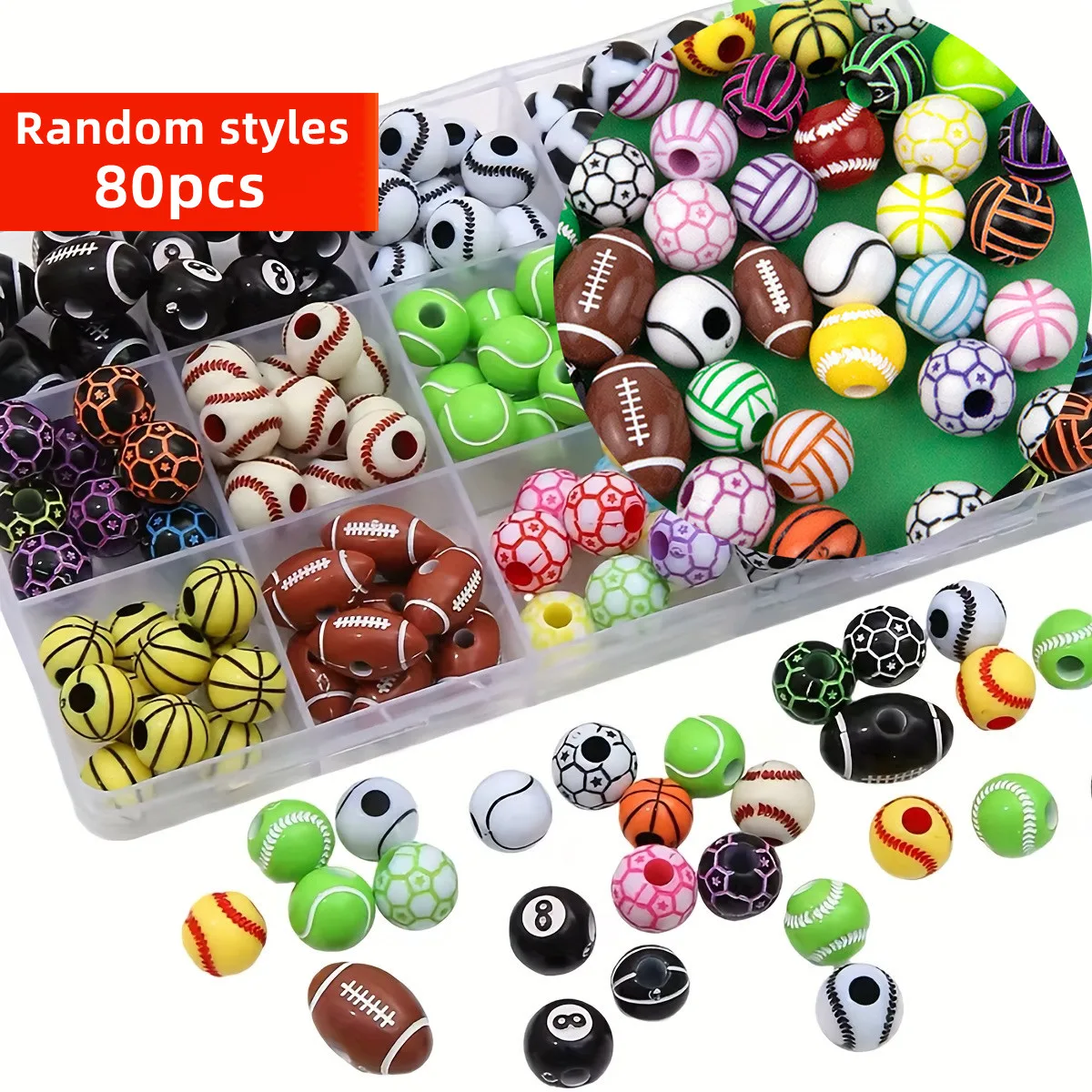 Image of 80 Stück zufällige Acryl-Perlen im Sportstil: Basketball, Fußball, Baseball, Rugby, gemischte DIY-Halsketten-Accessoires