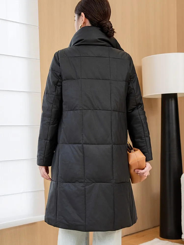 معطف شتوي دافئ بياقة واقفة للنساء من الجلد الطبيعي معطف واحد الصدر فضفاض مناسب جديد غير رسمي متوسط الطول من جلد الغنم #6