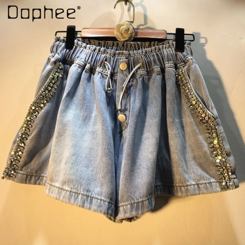 

Elastic Waist Jean Shorts Female 2024 Spring Summer Exquisite Rhinestone Beaded High Waist Slimming Wide-Leg Denim Shorts Women