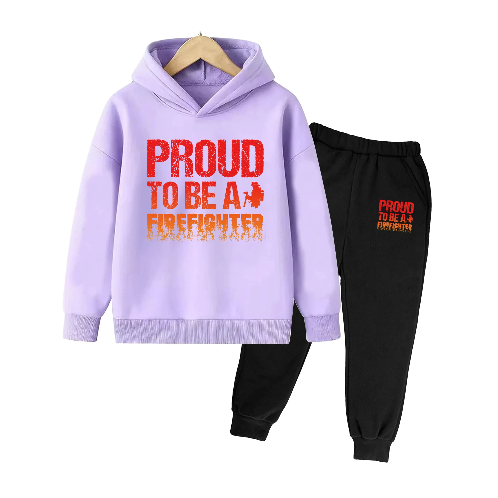 Kids Firefighter Print Hoodie & Jogger Set, Casual Cotton Sportswear for Boys Girls Daily Wear