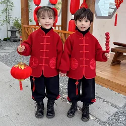 Boys' New Year Costume, Tang Suit, Plush And Thickened Girls' Hanfu, Winter Red Festive Costume Set, Children's Performance Cost