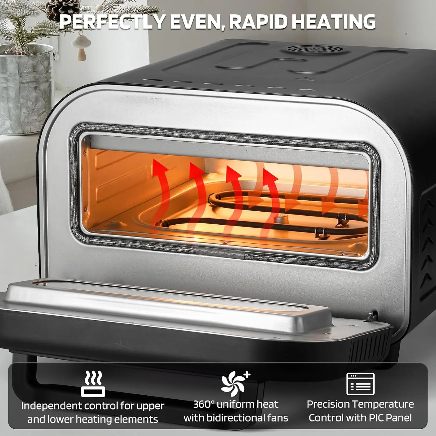 12 Inch Electric Indoor Pizza Oven, Countertop Pizza Maker with Dual Heating Elements, Reaches 850°F in 90 Seconds, 6 Preset Coo