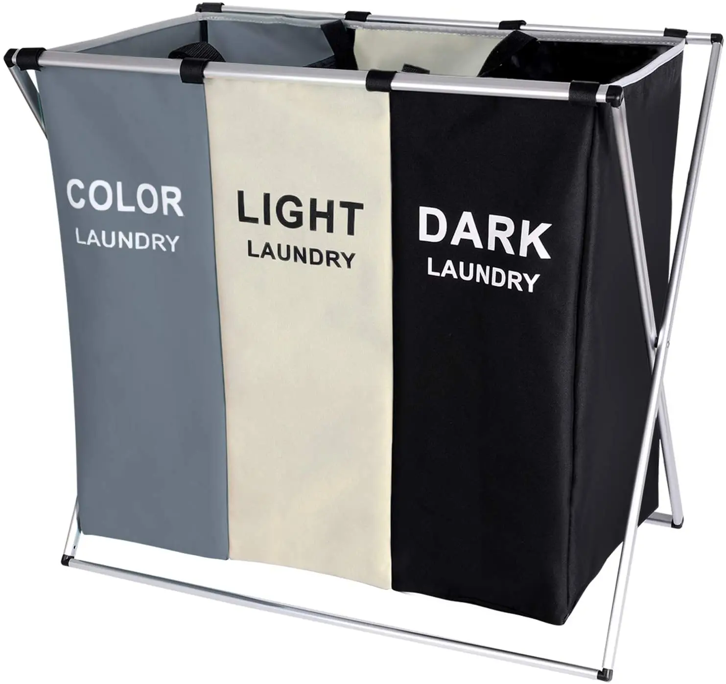 

Foldable Laundry Cloth Hamper, Sorter Basket, 3 Sections with Aluminum Frame, Washing Storage, Dirty Clothes Bag for Bathroom