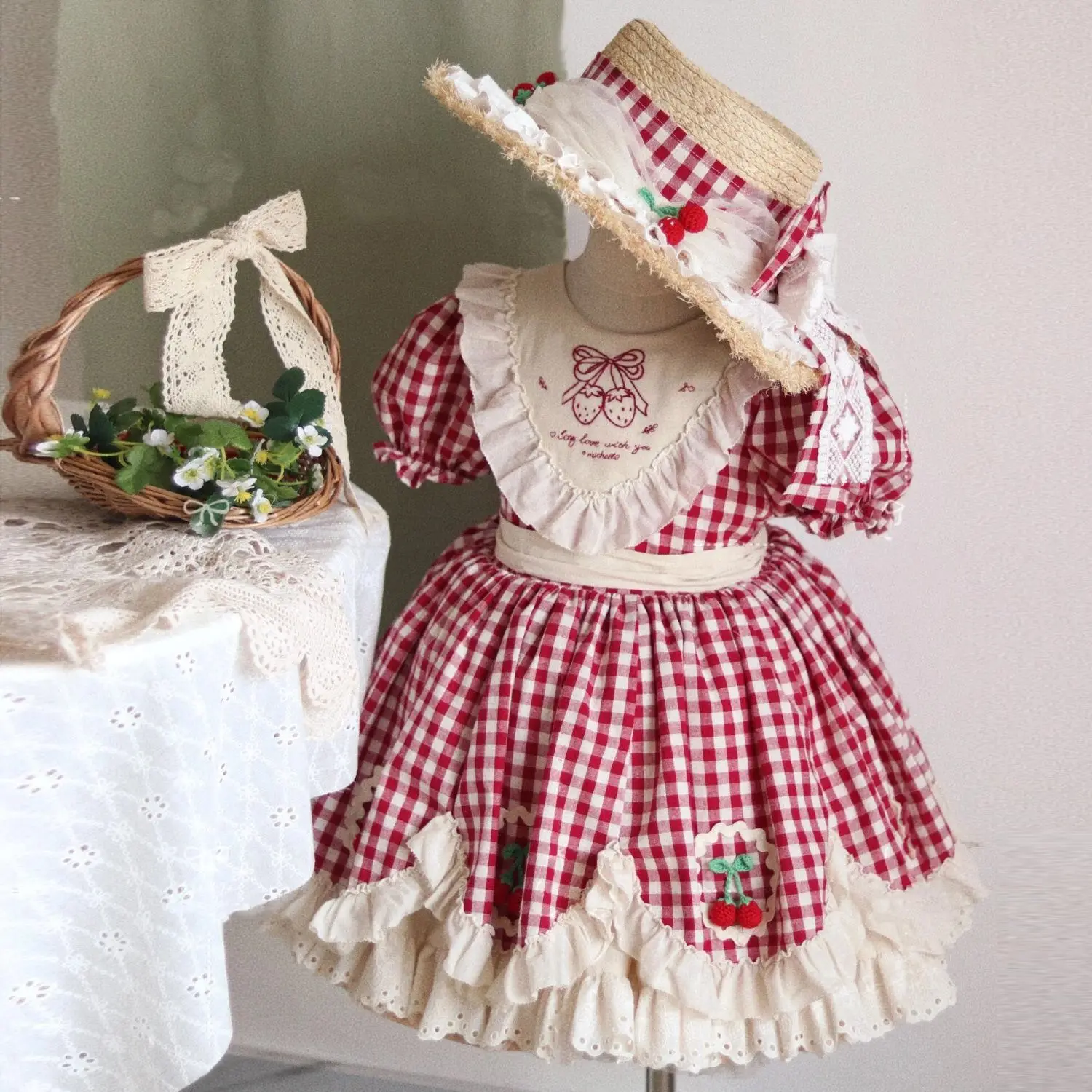 

Summer Girls Korea Birthday Lace Red Cute Plaid Wedding Ball Gown Bow Party Dress Princess Floral Baby Children Lolita Skirts