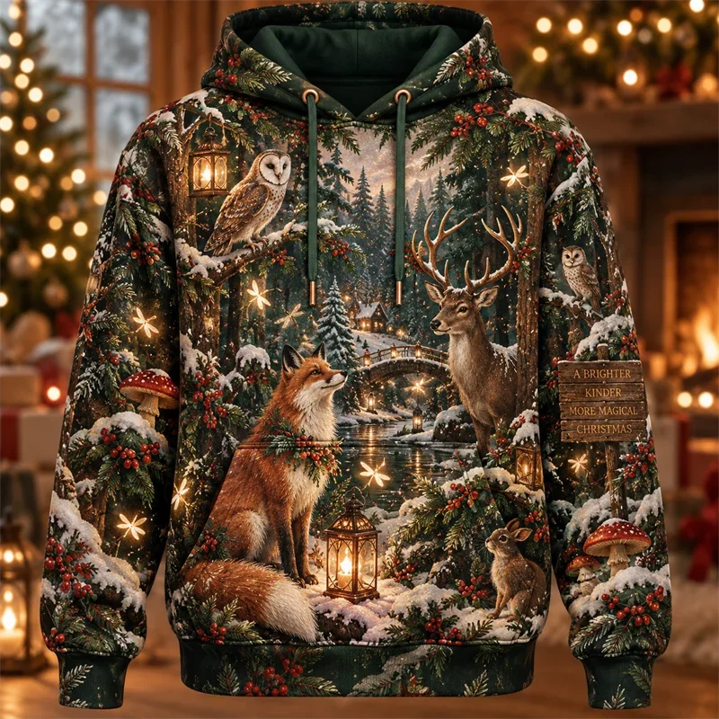 Men Hoodie 3D Print Fox Owl Deer Forest Christmas Scene Polyester Long Sleeve Hooded Pullover Sweatshirt