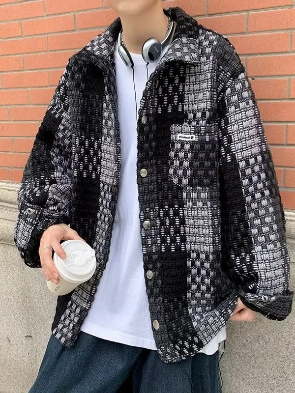 

Мужская вязаная куртка-жакет в клетку в гонконгском стиле, свободная повседневная, в корейском стиле, с откидным воротником, удлиненная версия