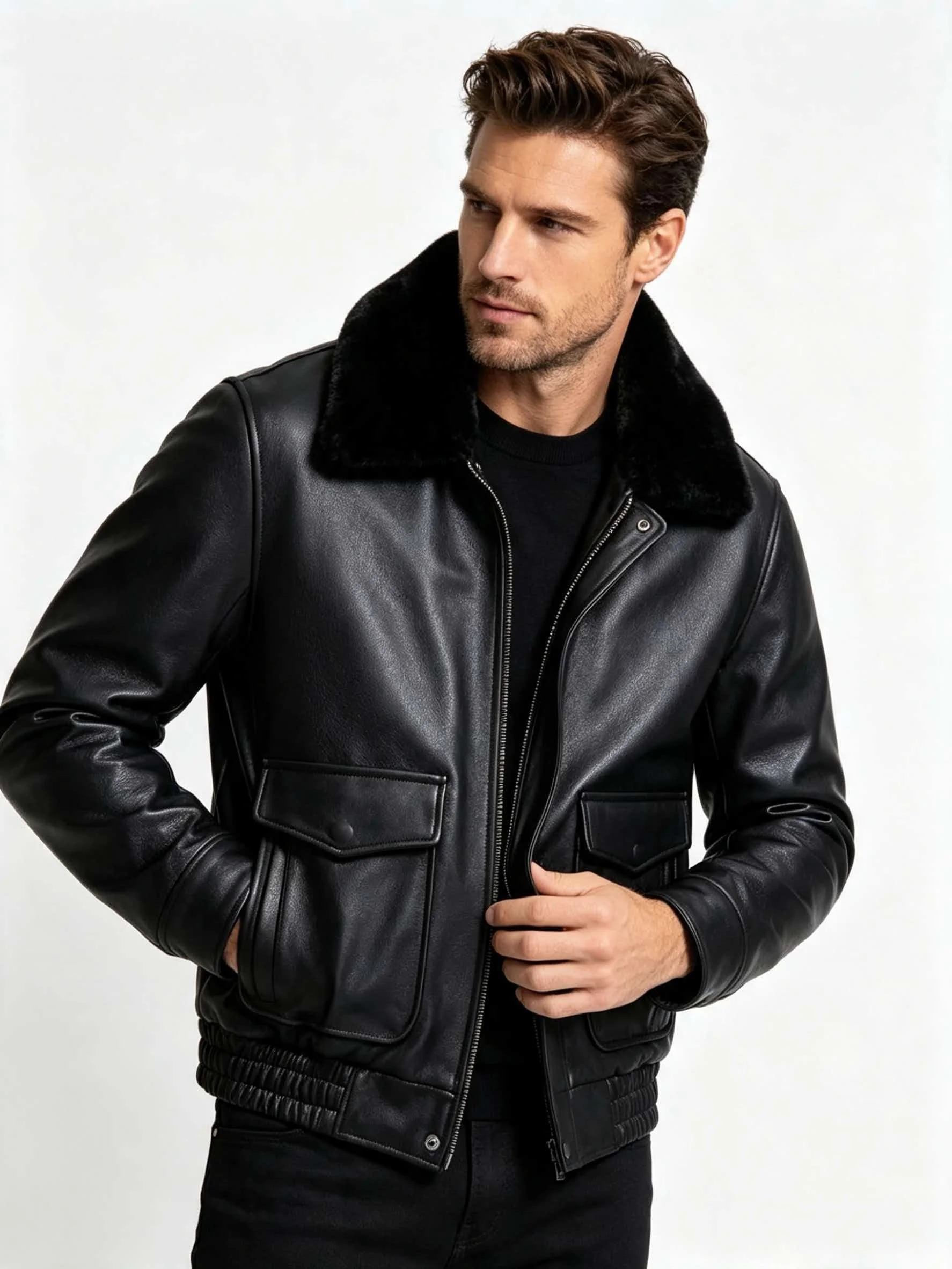 Black Winter Leather Jacket Men Retro Style Plus Size 5XL Genuine Natural Thick Cowhide Turn-Down Collar Military Flight Coat
