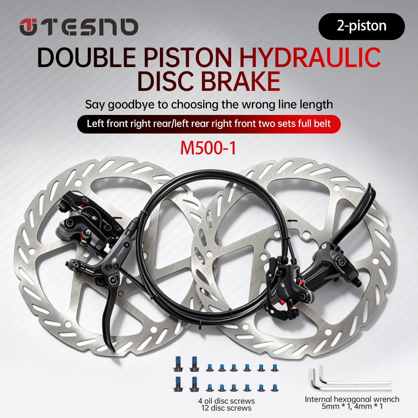 M500 2-Piston Hydraulic Disc Brake Set Aluminum Alloy MTB Brakes Front Left & Rear Right with Silicone Protective Covers 800/140