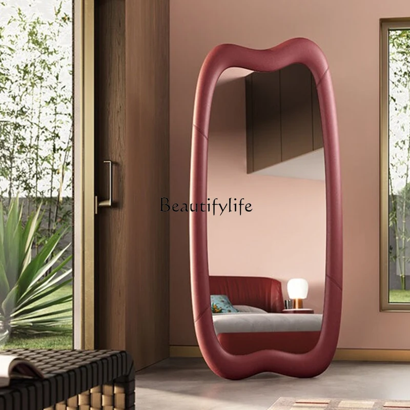 Italian minimalist full-length mirror modern light luxury high-end leather floor-to-ceiling full-length mirror