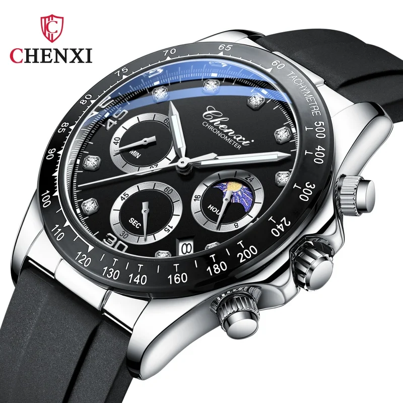 CHENXI 958B Reloj de cuarzo a la moda para hombre, calendario de fase lunar, cronógrafo, correa de silicona, relojes informales de negocios resistentes al agua para hombre