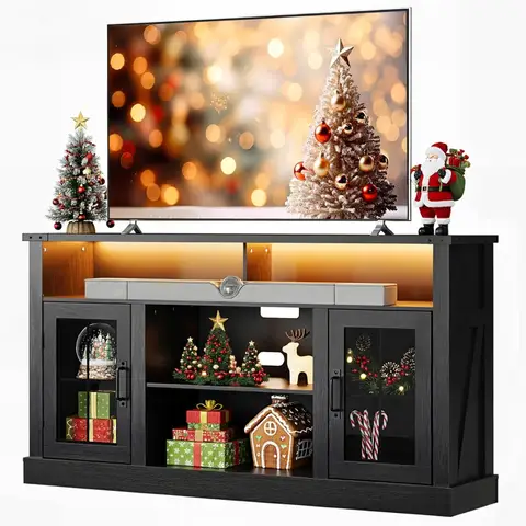 Farmhouse TV Stand for 65 Inch TV, Tall Entertainment Center with LED Lights & Storage Cabinets,
