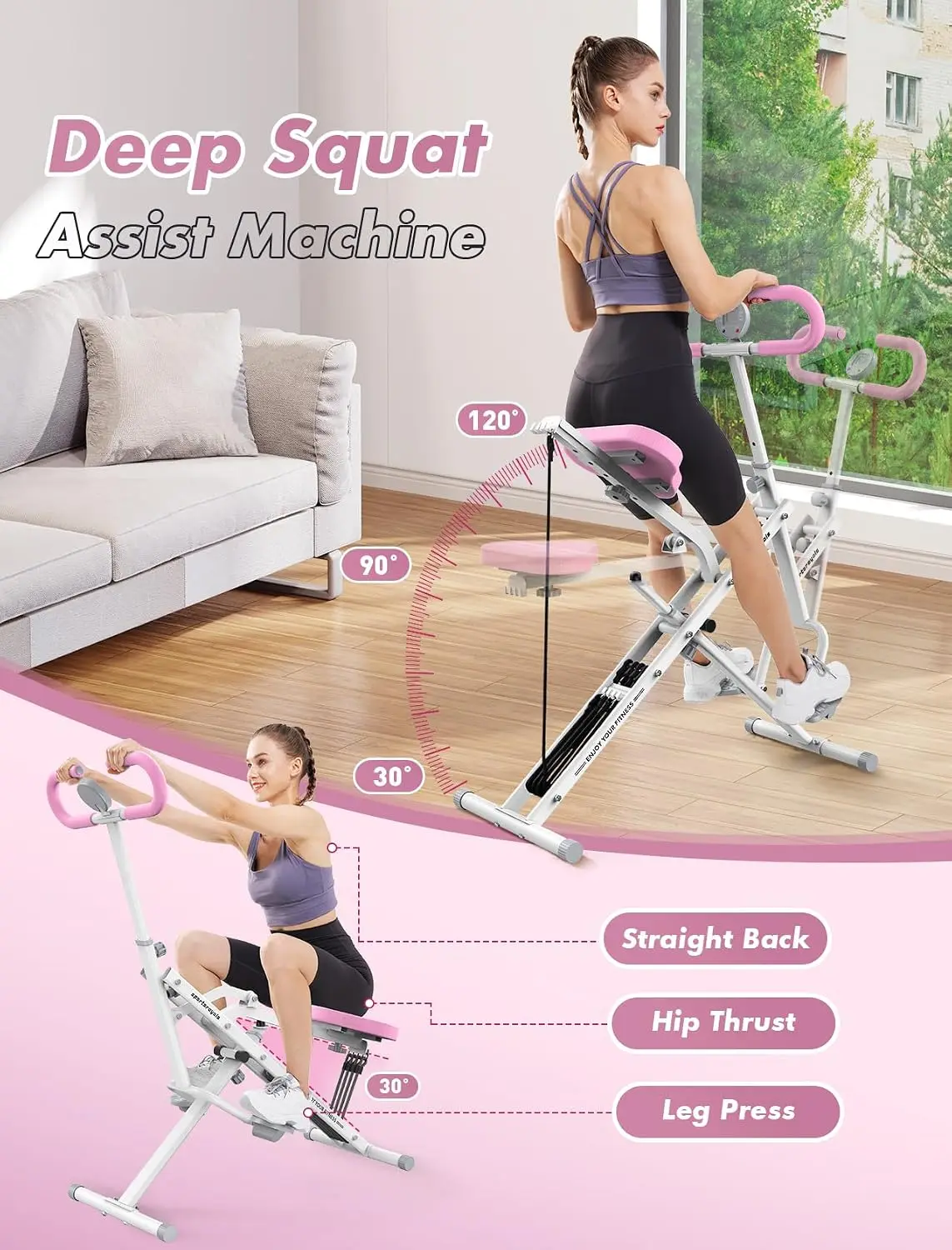 Pink Squat Machine Rowing Machine for Home 2 in 1 Rower & Squat Assist Workout Foldable Rower for Home Full Body Worikout Adjust