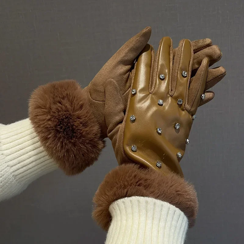 Luxuriöse Damen-Handschuhe aus PU-Leder mit Strasssteinen, kältebeständig, warme Winterhandschuhe mit Kunstfellbesatz, Manschette, Thermofutter, Party-Handschuhe