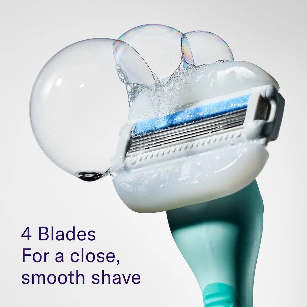 Women's Moisture Plus Razor Set with Ergonomic Handle 4 Stainless Steel Blades 2 Refill Cartridges Shower Holder No Gel Needed