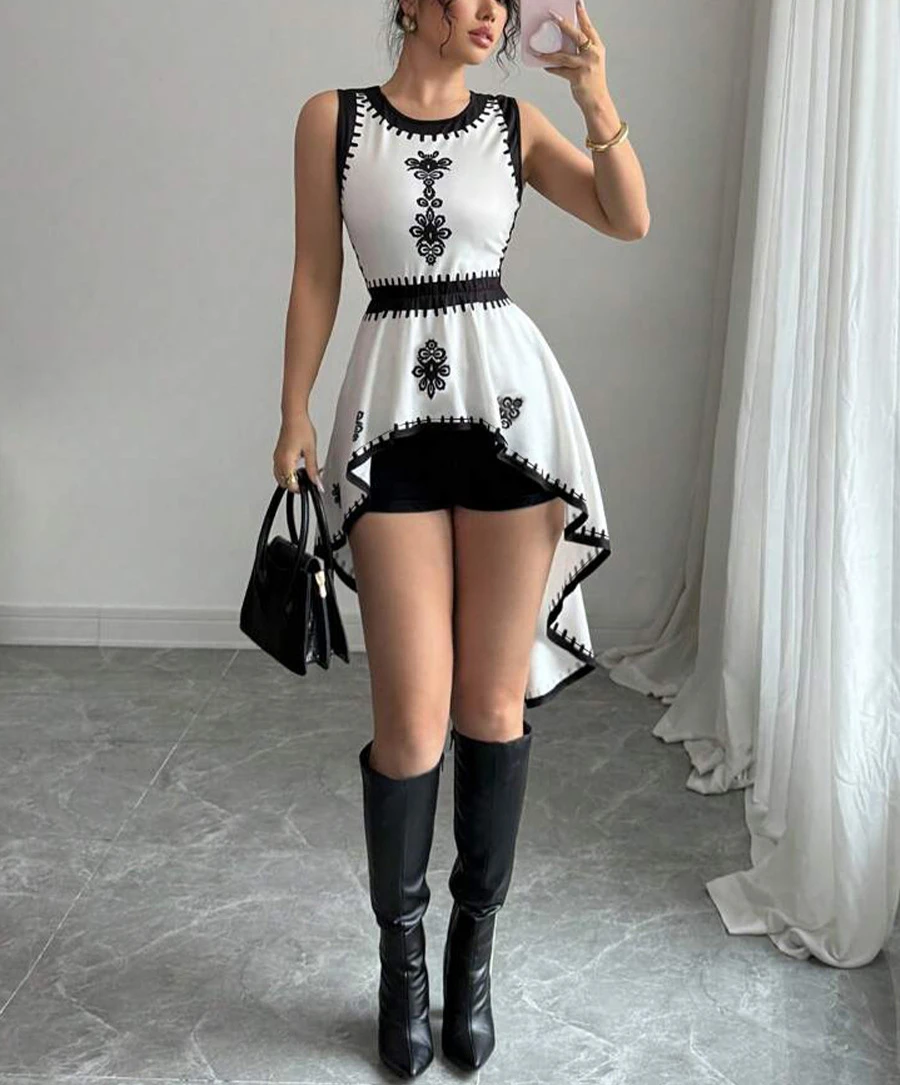 

Rh 2025 Summer European And American Irregular Contrast Vest Swallowtail Sleeveless Pullover Top Women's Clothing