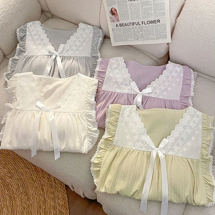 Women Spring Pajamas with Breast Cushion Solid Color Sexy Sweet Pyjamas Lace Long Sleeve Nightgown Set Lacework Bow Sleepwear