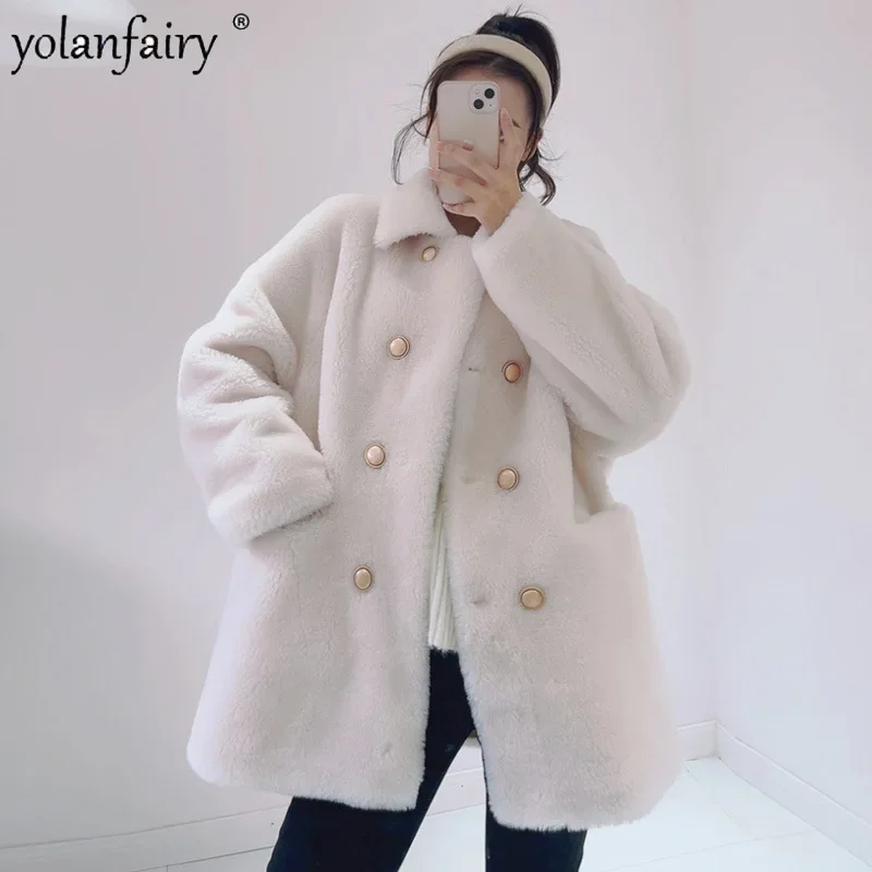 

Pure Wool Fur Coat Women Winter New in Outwears Double Breasted Sheep Shearling Coats Female Clothing Composite Fur Integrated