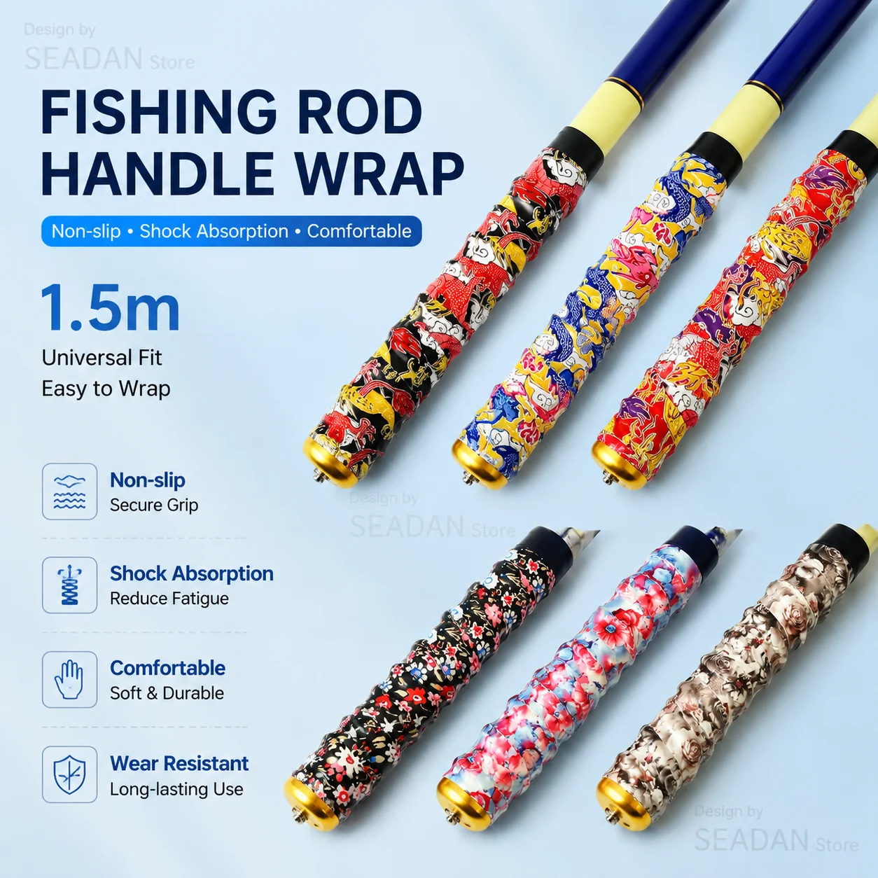 1.5m Floral Dragon Pattern Fishing Rod Grip Wrap PU Keel Absorbent Anti-slip Sweat Band for Fishing Rod Badminton Tennis Racket