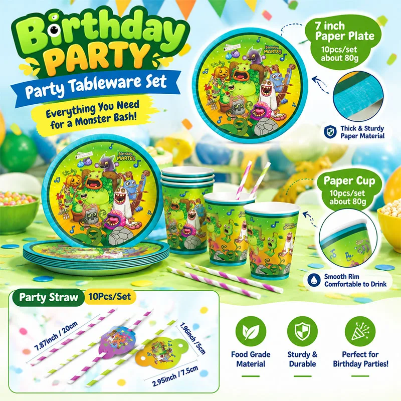 My Singing Monsters Cartoon-Animations-Thema Kuchenflaggen-Wirbel Strohhalme Alles Gute zum Geburtstag Party-Deko Zubehör – Detail 2