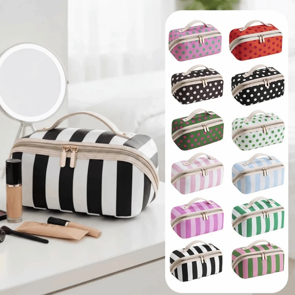 Vintage Women's Cosmetic Bag Polka Dot/Striped Zipper Travel Cosmetic Case Lightweight Large Capacity Striped Makeup Bag