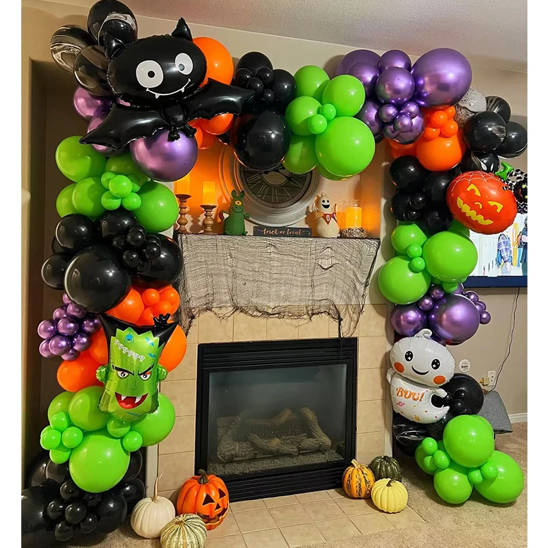 163pcs Candy Party Decorative Balloon Halloween Pumpkin Bat and Ghost Foil Balloon Set Black Orange and Green Latex Ballloons