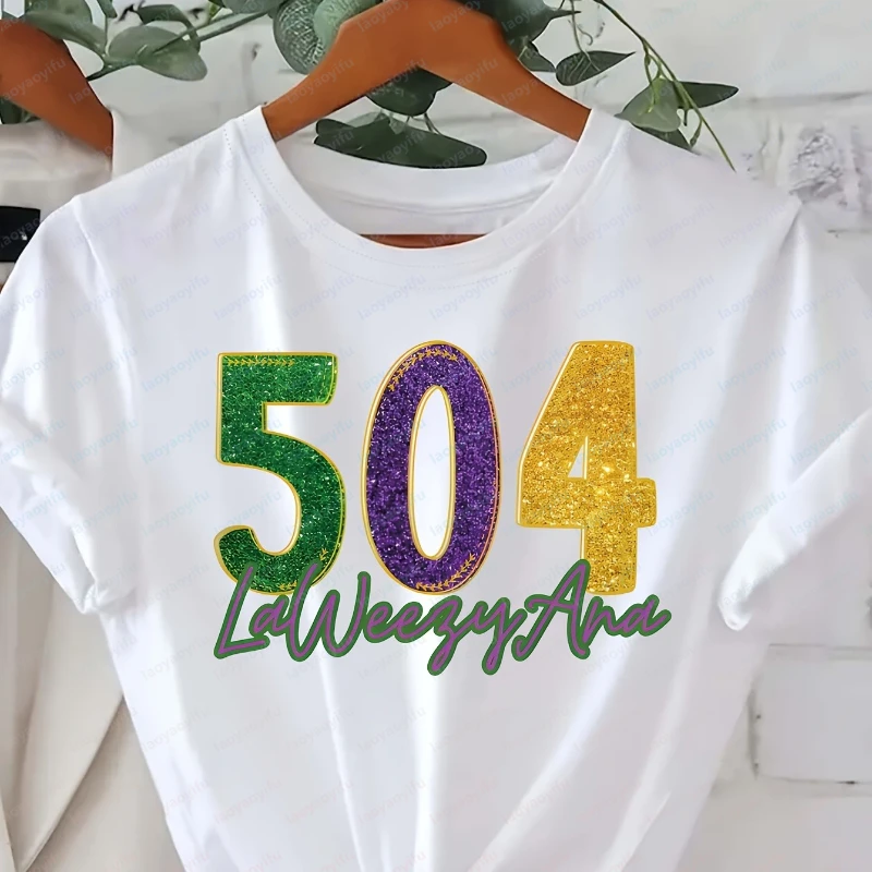 

Women's Mardi Gras Letter Print Tshirt Retro Short Sleeve Crew Neck Casual Top All-Season Spring Summer Party Outfit Fashion Tee