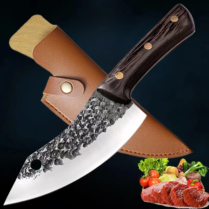 Hand Forged Meat Cleaver Knife Butcher Knife Full Tang Chef Knife with Belt Sheath High Carbon Steel Sharp Kitchen Knife