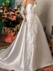 Robes de mariée en dentelle élégantes, robe de mariée en satin classique, simple, manches longues, longueur au sol, tout ce qui est personnalisé, éducatif, 2025