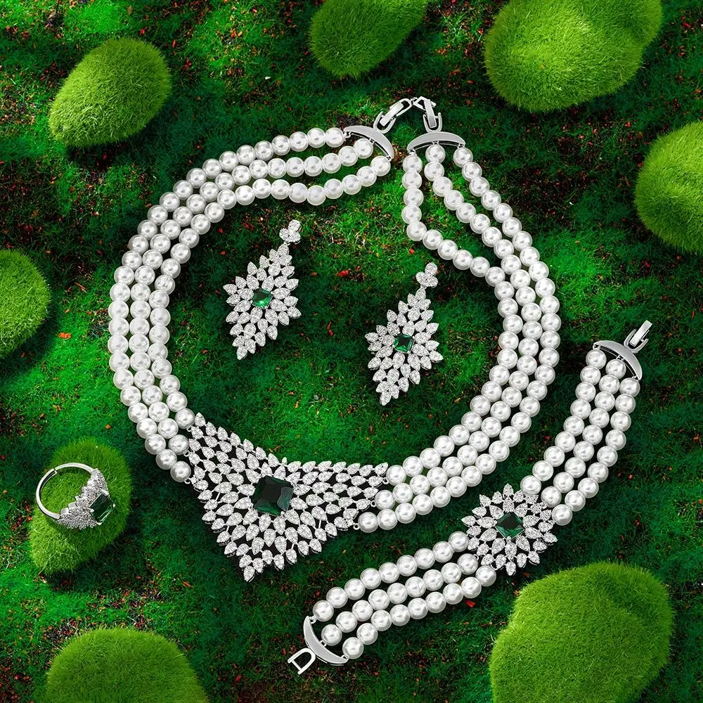 

Элегантный комплект ювелирных изделий с цирконием CZ для женщин, свадебные, помолвочные, Дубай, свадебное ожерелье с искусственным жемчугом, серьги, 4 шт., комплекты ювелирных изделий