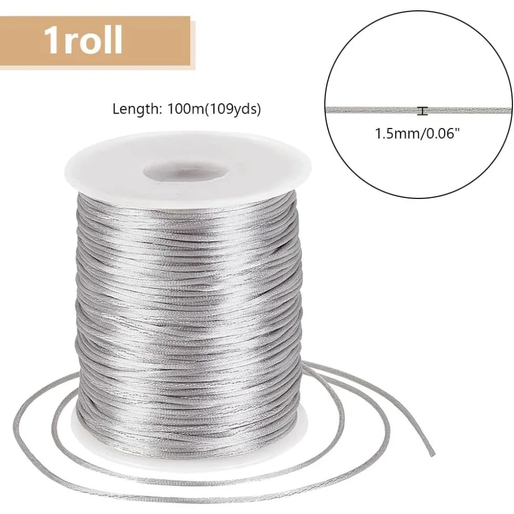 109 Yards Rattail Satin Cord 1.5mm Silver Silk Crafts Cords Satin Bracelet String Thread for Macrame Kumihimo Friendship