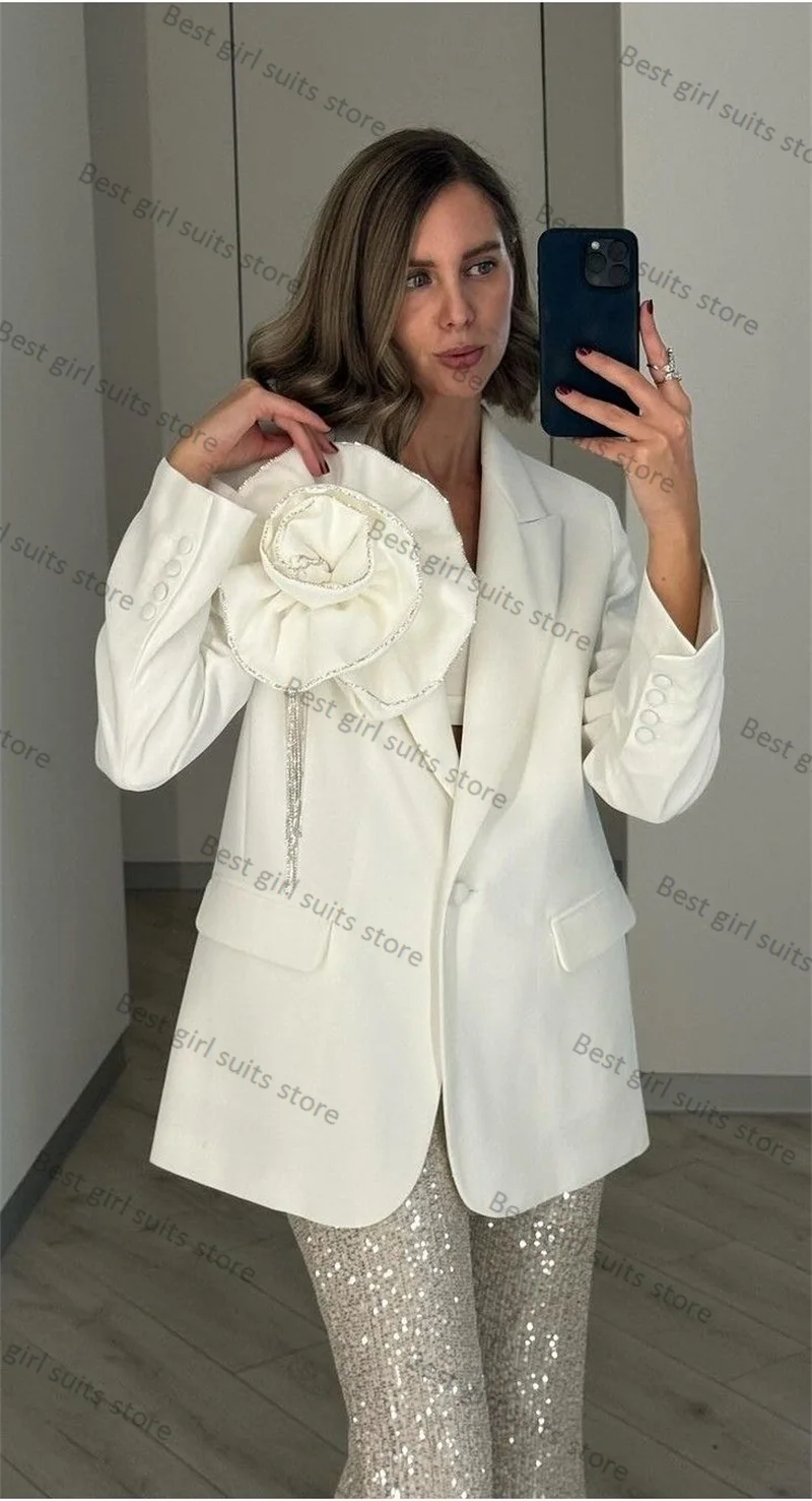 Crystals White Women Suits 1 Long Piece Blazer With 3D Flower Formal Office Lady Cotton Jacket Customized Autumn Spring Coat