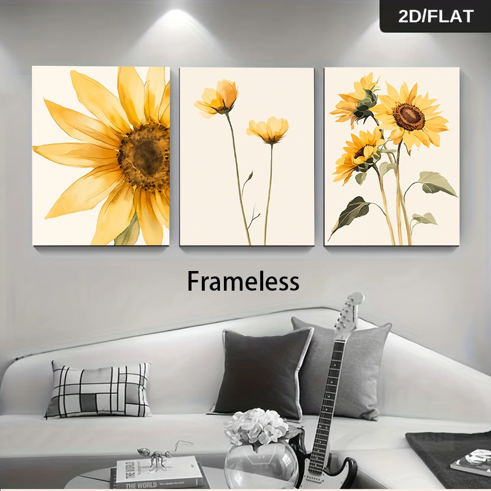 3pcs frameless Canvas Painting 1 set of sunflower decorative paintings, warm and pastoral style plant and flower paintings, fram