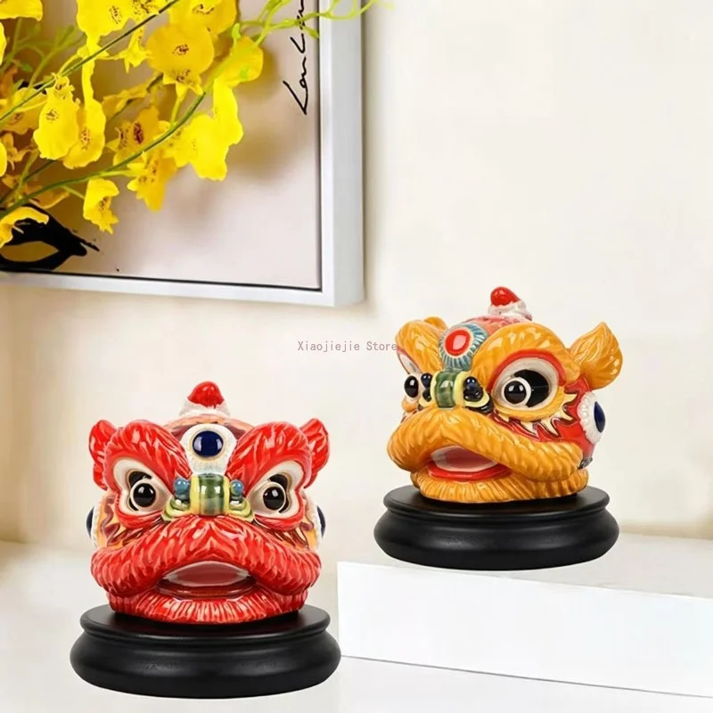 Lingnan Folk Ceramic Lion Head Statue Chinese Style Cultural Craft Figurine Desktop Home Decor Creative Festival Souvenir