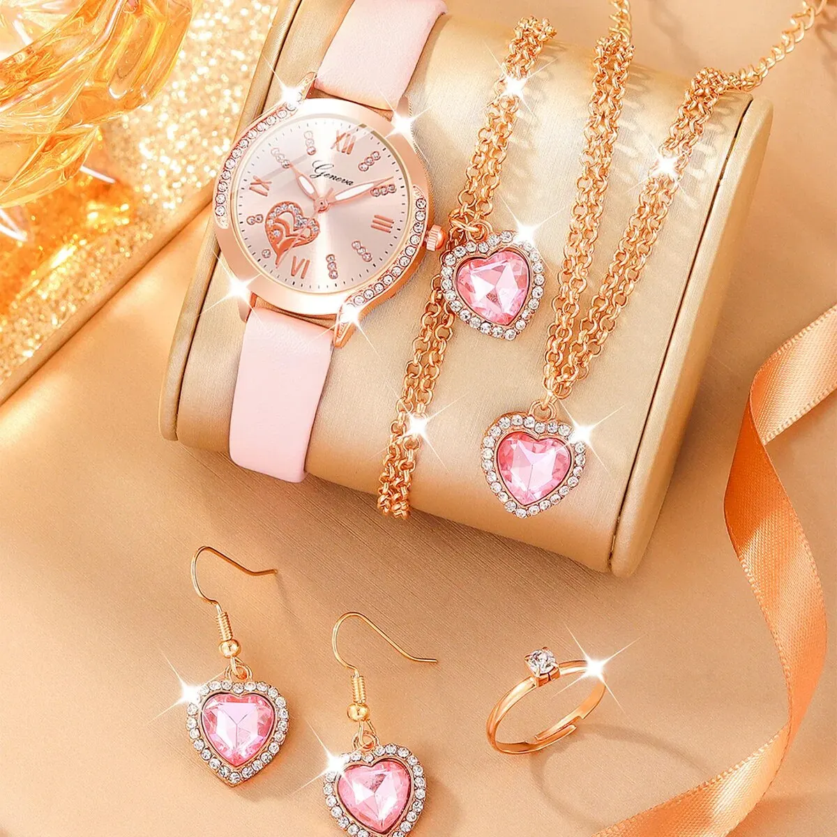 6Pcs Ladies Fashion Simple Designer Star Digital Rhinestone Leather Quartz Watch Full Of Diamond Powder Crystal Love Jewelry Set