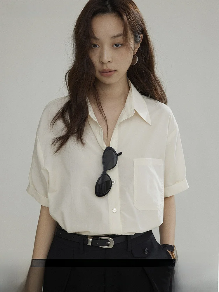 

Новая женская летняя легкая шелковая свободная блузка с коротким рукавом и простым воротником в повседневном стиле