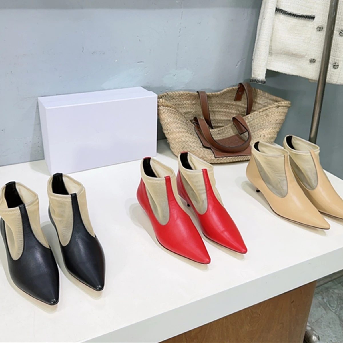 

Dave&Di Minimalist Mesh Cwohide Leather Stitching Summer Shoes Boots French Elegant Retro Pointed Toe Kitten Heel Boots Shoes Wo