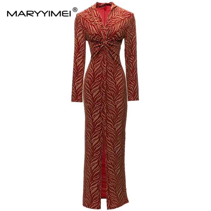 

MARYYIMEI Fashion Designer Spring Women's Sheath dress V-neck Long sleeved Folds Stripe Bright silk Package hip Split Dresses