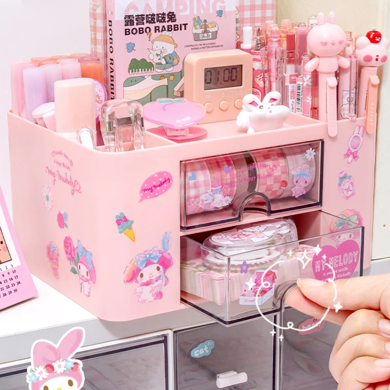 Imagem -02 - Sanrio Grande Capacidade Storage Box Pen Holder Kawaii Gaveta Desktop Organizer Kuromi Melodia Cinnamoroll Papelaria Bonito