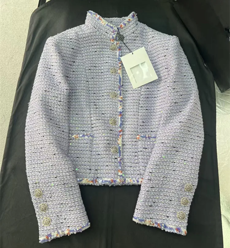 Customization European women's fashion 2026 spring new collection Long-sleeved purple sequin fashion tweed coat