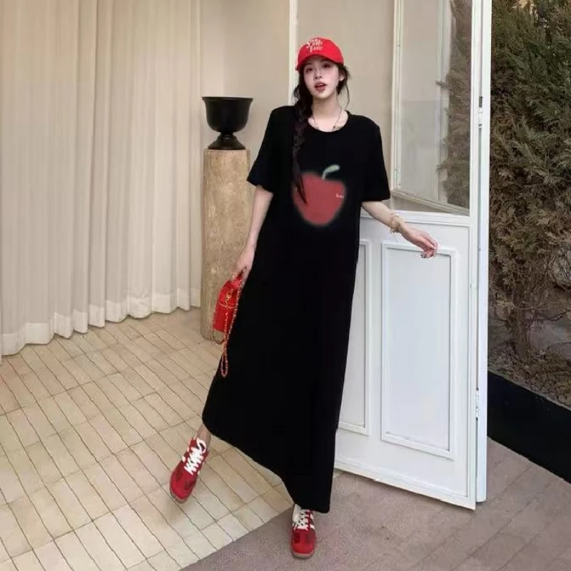 حجم كبير الصيف قصيرة الأكمام تي شيرت فستان المرأة أنيقة خمر فضفاض امرأة سوداء فستان السيدات طباعة فساتين طويلة Vestidos