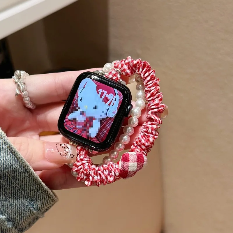 Preppy Pearl Scrunchie Watch Band for Samsung Watch 765 4Classic  FE Cute Cloth Chain Strap for Garmin Lily Venu2S Wristband 22m