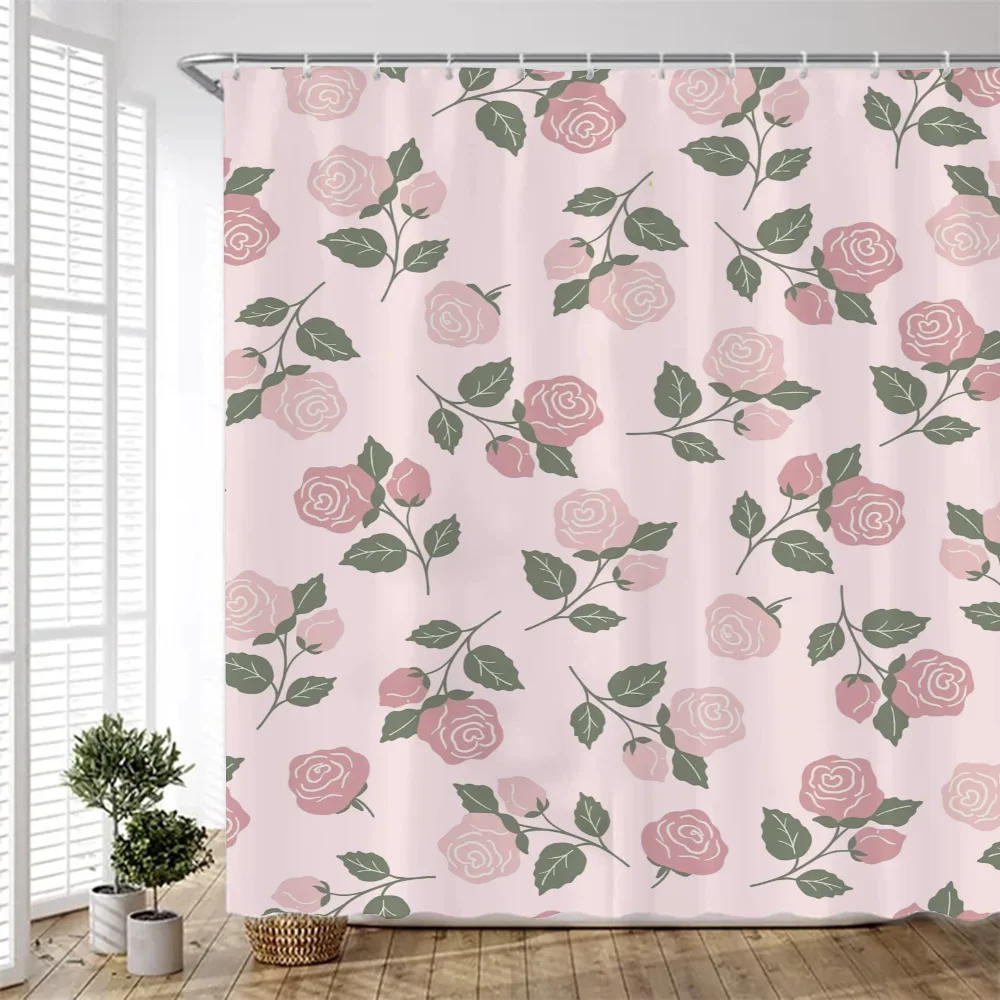 Rose Bathroom Shower Curtain Waterproof Bath Curtains for Bedrooms Folding Partition Accessories Fabric Things the Set Showers