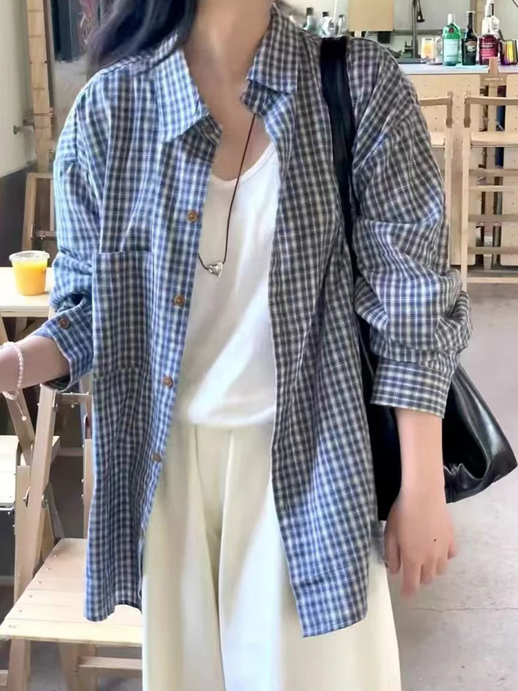 

Zoki Retro Blue Plaid Shirts Women Loose Preppy Style Korean Blouse Casual Long Sleeve Vintage Pocket Female All Match Tops New