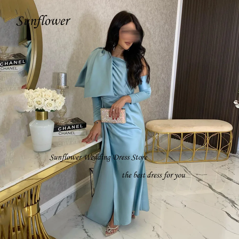 

Sunflower Blue One-Shoulder Evening Dress 2023 Slim Backless Satin Mermaid Prom dress Long Sleeve Ankle-Length Party Dress