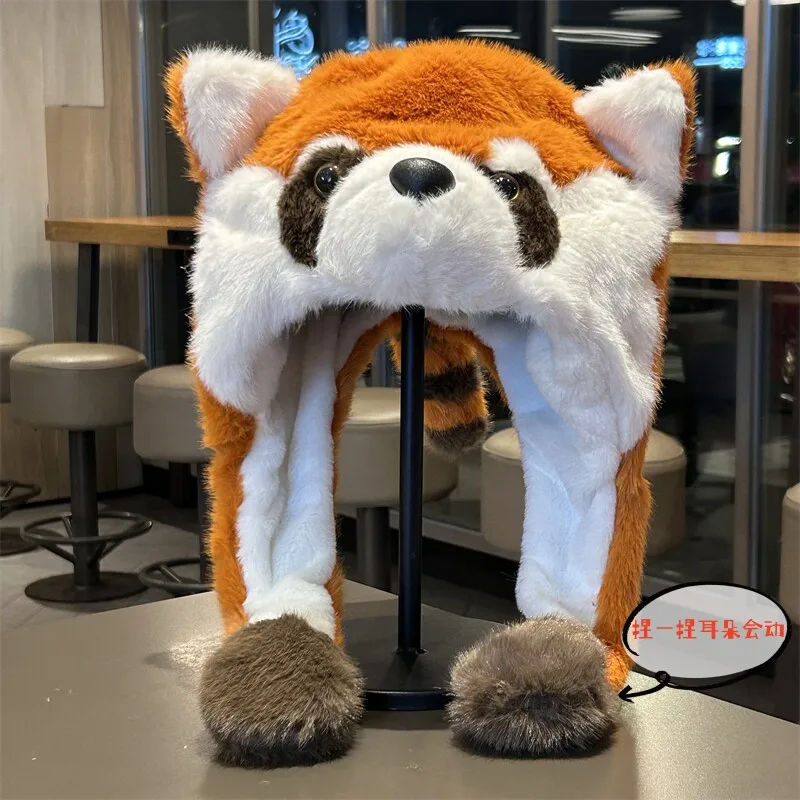 Plush Raccoon Hat With Movable Ears Winter Thickened Earflap Beanie Fluffy Cold Resistant Cute Warm Hat For Kids Adults