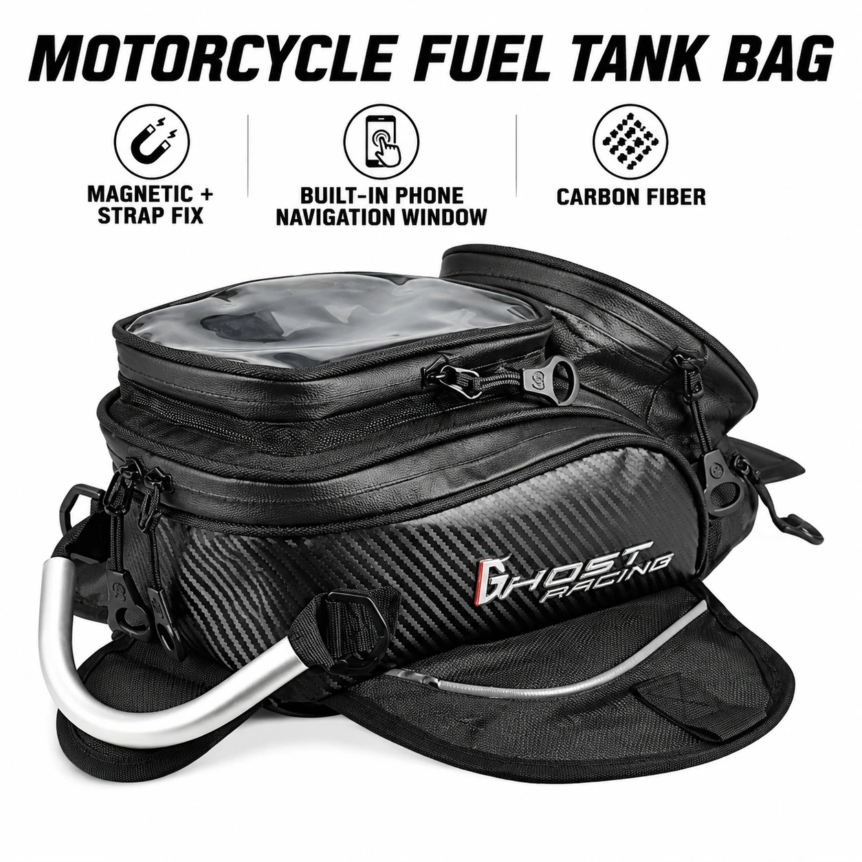 Motorcycle Magnetic Tank Bag Touch Screen Navigation Waterproof Oil Fuel Tank Bag with Shoulder Strap Carbon Fiber Motorbike