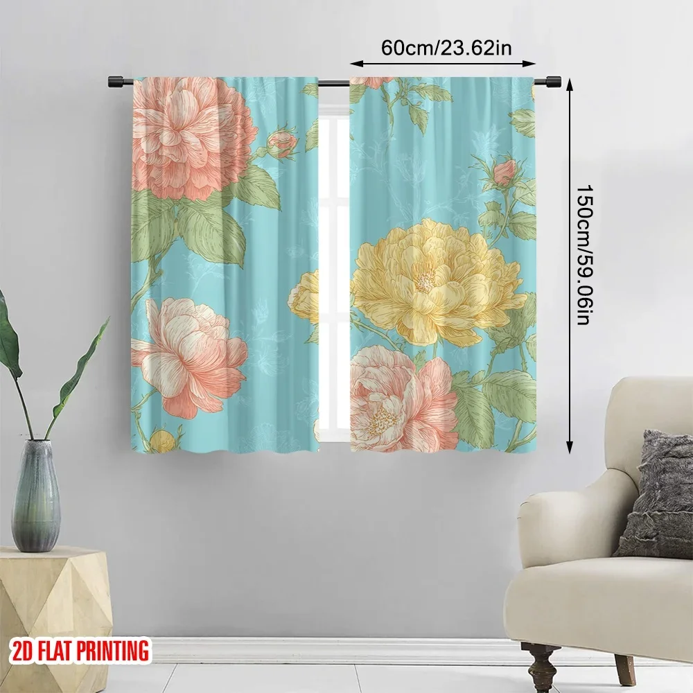 Large Floral Peony Botanical Curtains Blue Window Drapery Elegant Romantic Cottage Style Curtain for Bedroom Living Room